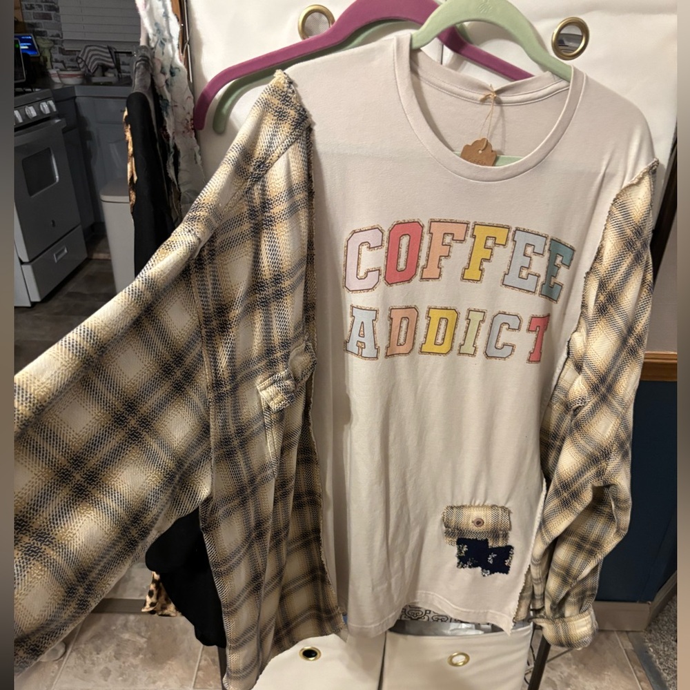 Handcrafted up-cycled Plaid flannel Sleeve 'Coffee Addict' Shirt ONE OF A KIND